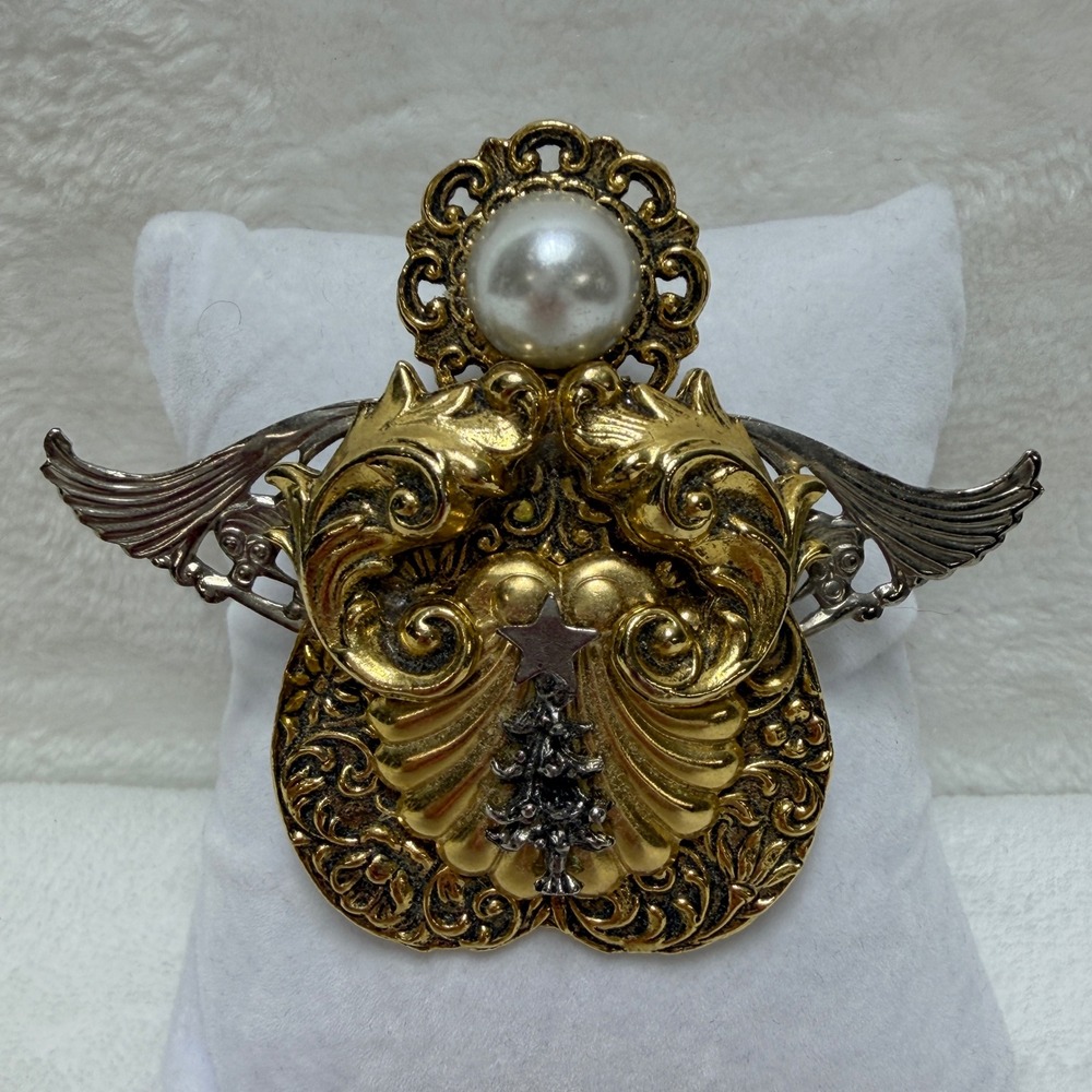 VTG Rosemary Nelson Two Tone Mixed Metal Angel Brooch Faux Pearl Christmas Tree